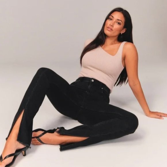 Abercrombie Skinny High Rise Jeans Split Hem Washed Black Size 36 Size 22 NEW - Picture 3 of 14